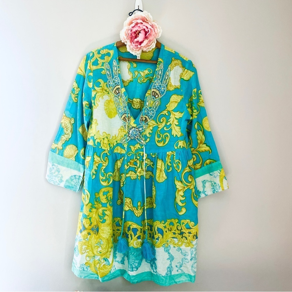 Buby’s Bohemian Turquoise Yellow White Sequins Dress Coverup Large 100% Cotton